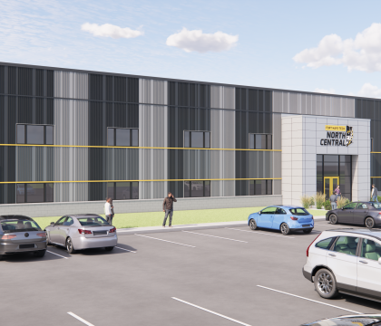 Outside rendering of new Construction Trades Building.